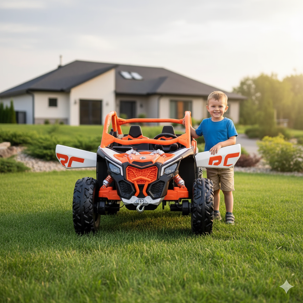 a child standing next to a can-am 24v ride on maveric x3 infront of a house