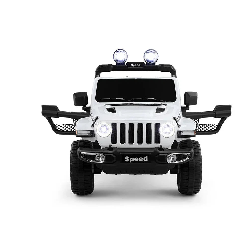 12V Kids Jeep Wrangler Ride-On Car with Remote, Music & Storage – White