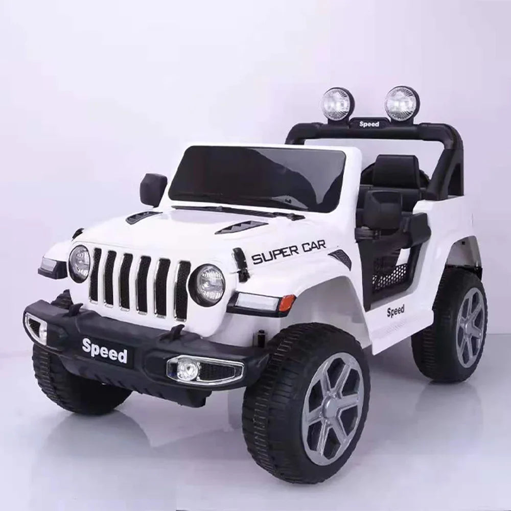 White 12V kids Jeep Wrangler ride-on car with remote control, music, storage, and rugged design for ages 3 and up.