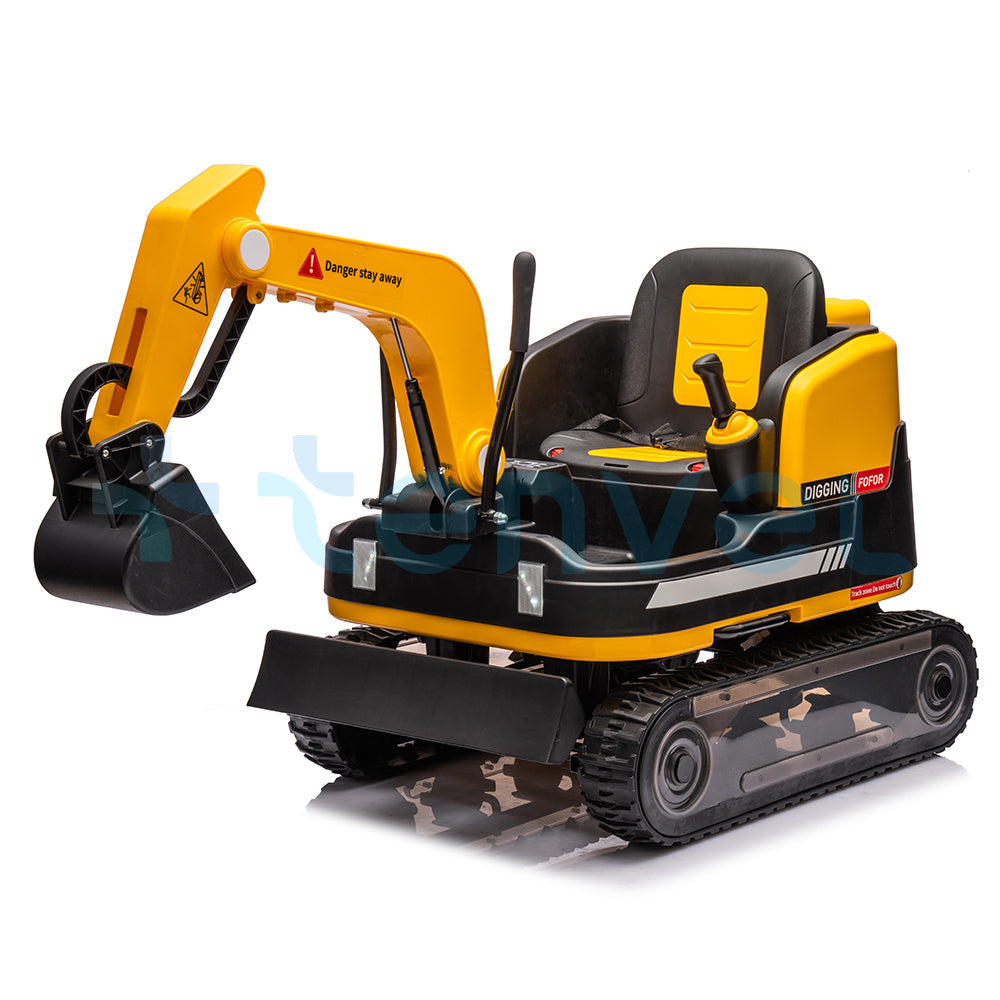 Yellow 24V kids ride-on excavator digger toy with manual arm, dual motors, and durable tracks for outdoor play.