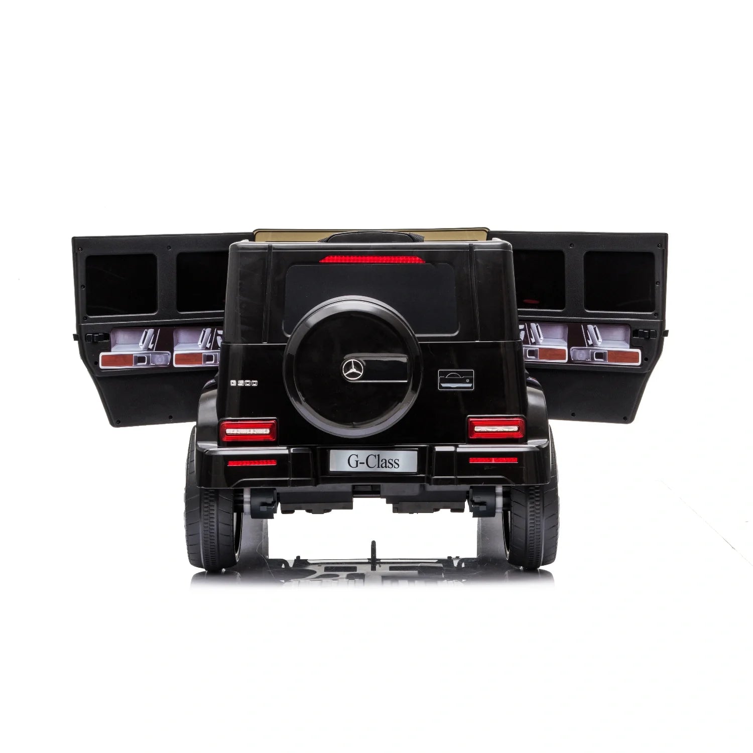 Rear view of black 12V Mercedes G-Wagon G63 kids electric ride-on car with open doors on white background