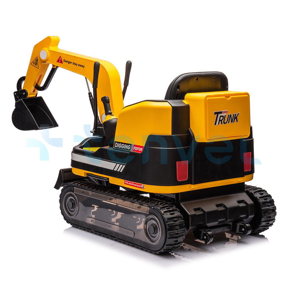 Yellow 24V kids ride-on excavator digger with manual arm, dual motors, and realistic construction play features