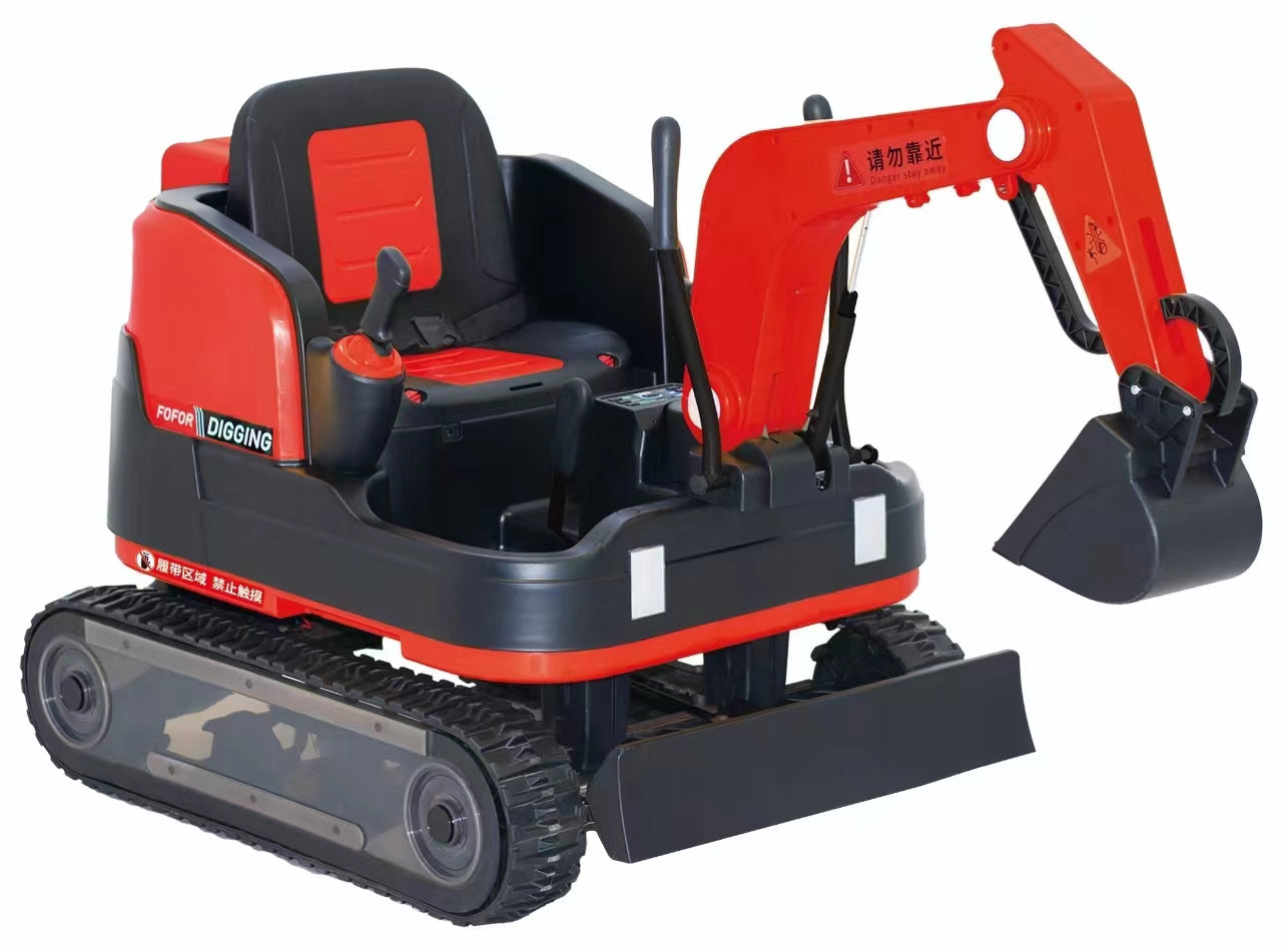 Red 24V kids ride-on excavator digger with manual arm, dual motors, and safety seat belt for ages 3 to 8 years
