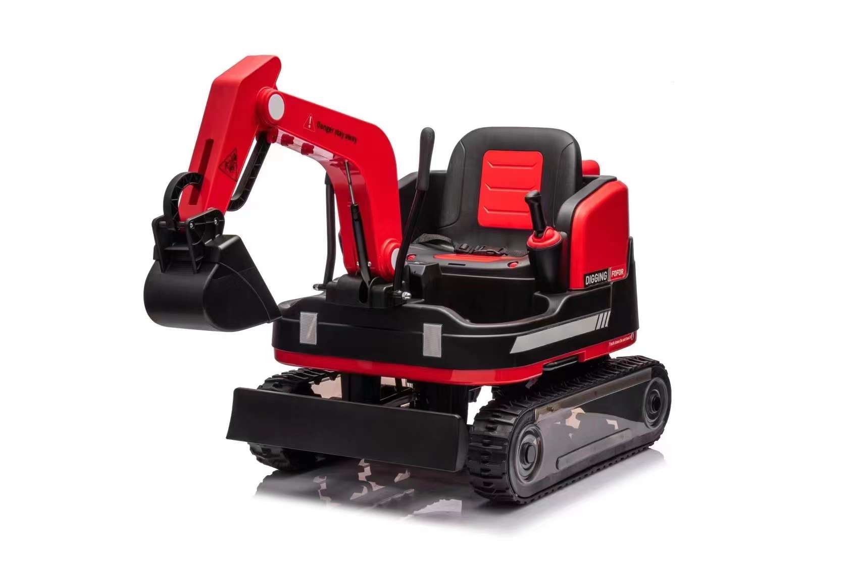 Red 24V kids ride-on excavator digger with manual arm, dual motors, safety seat, and realistic construction features.