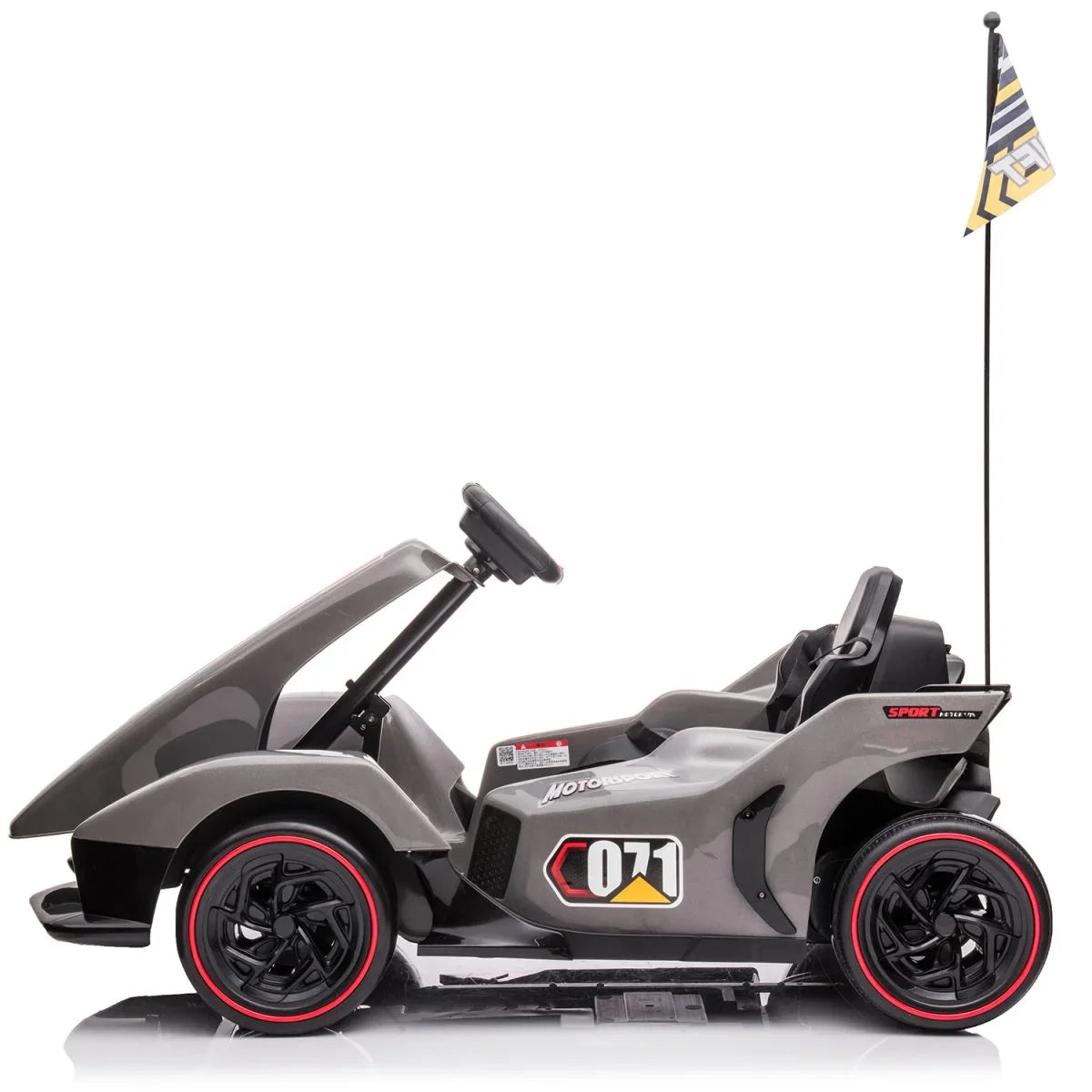 Grey 24V electric kids go-kart with drift function, parental remote, racing seat, soft wheels, and multimedia player