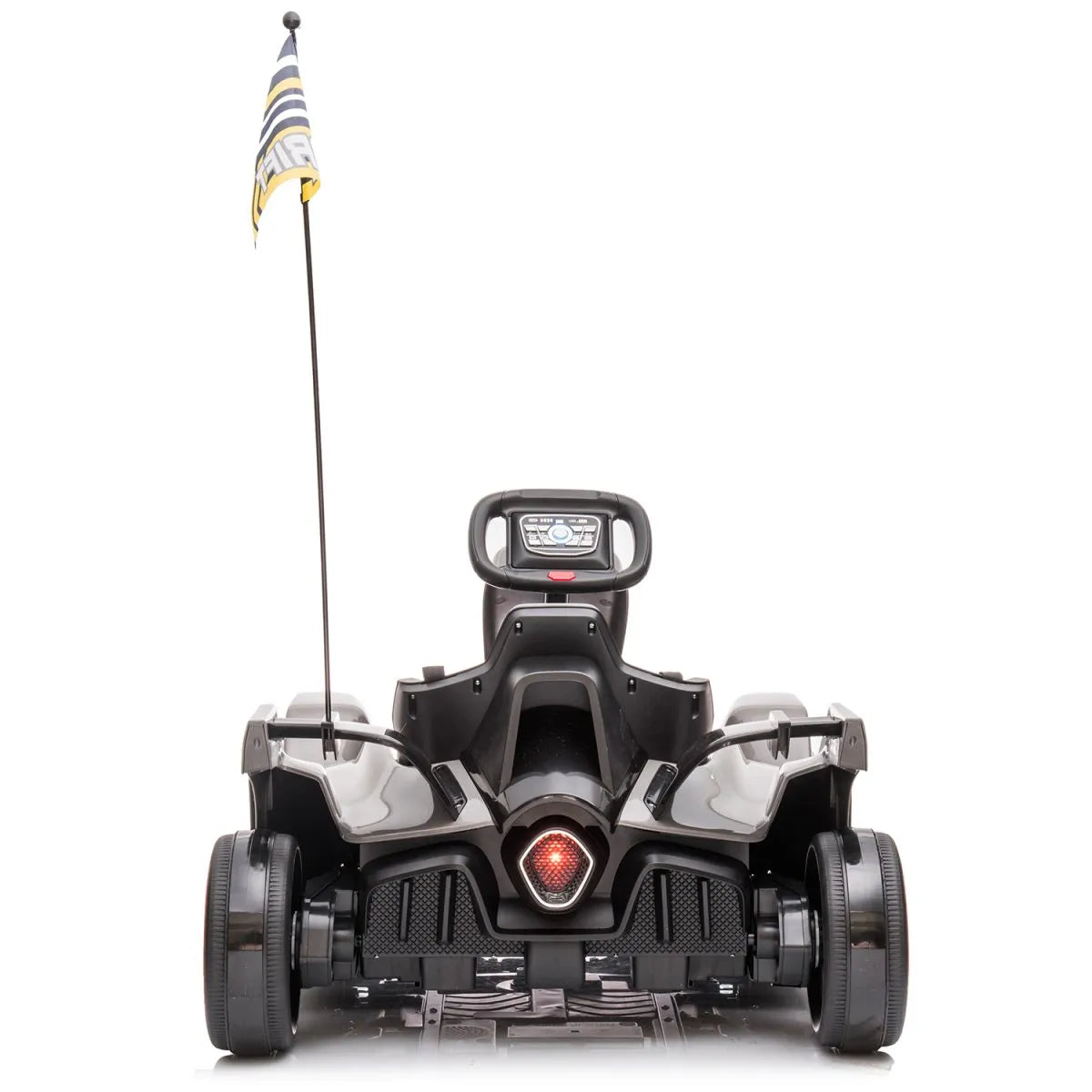 Rear view of grey 24V electric go-kart with drift function, racing seat, steering wheel, and safety flag.