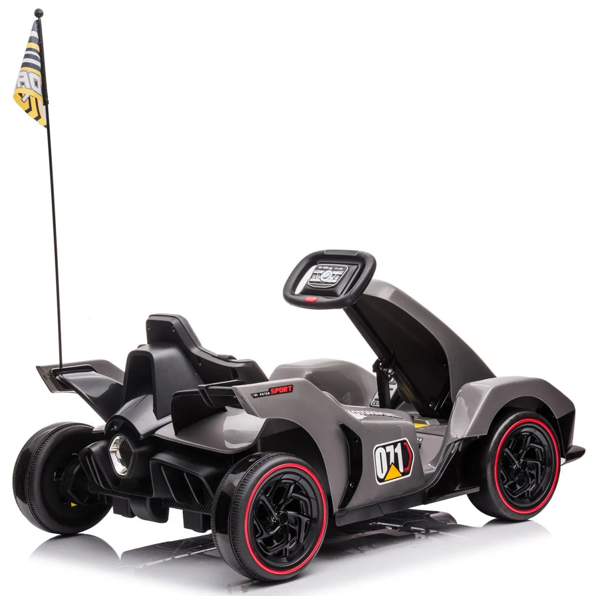 Grey 24V electric kids go-kart with drift function, racing seat, remote control, and multimedia player features.