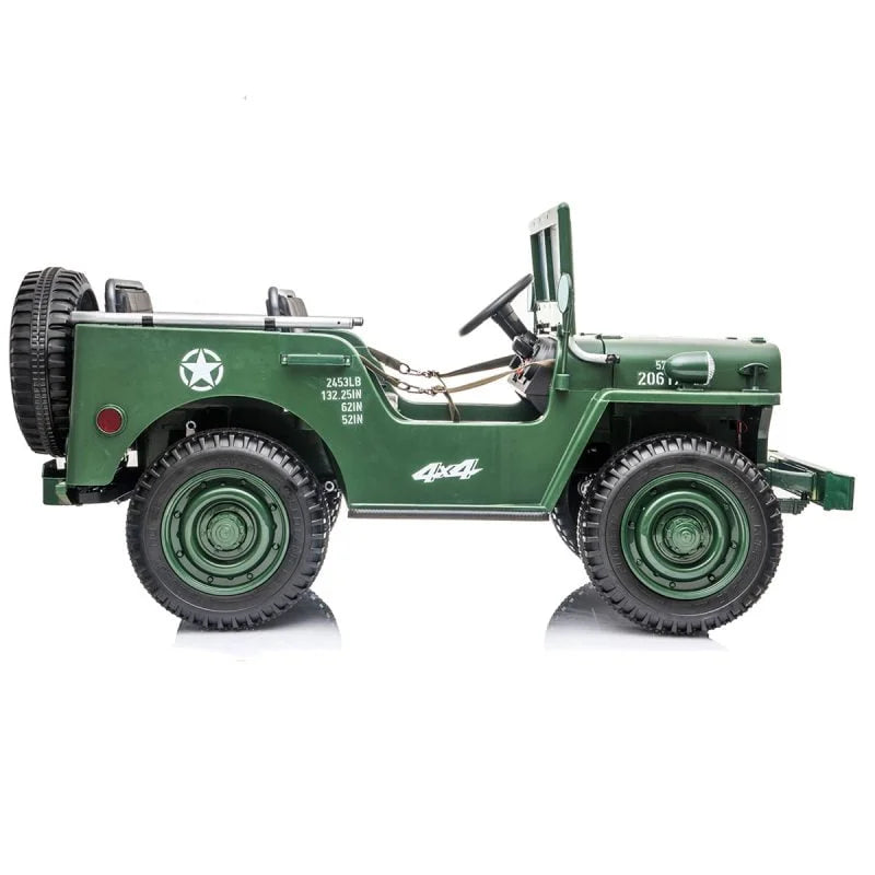 Green 24V Willys Jeep 3-seater kids ride-on car with 4WD, military style, realistic details, and safety belts.