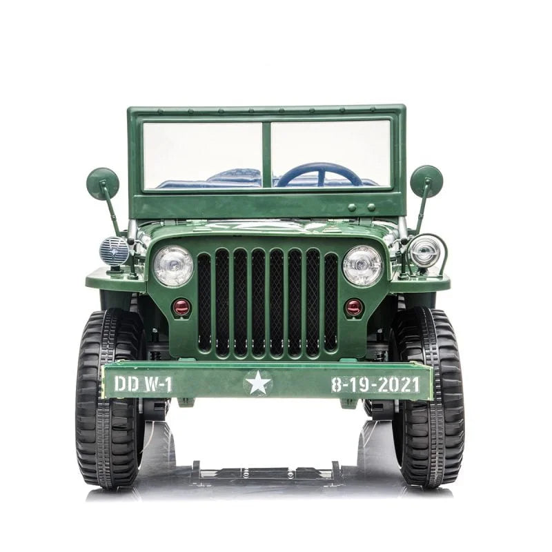 Front view of a green 24V Willys Jeep 3-seater kids ride-on car with military design and realistic details