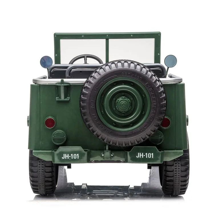 Rear view of green 24V Willys Jeep 3-seater kids ride-on car with spare tire and military-style design
