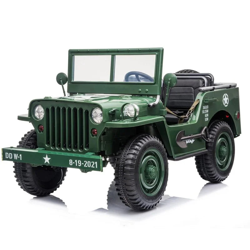 Green 24V Willys Jeep 3-seater kids electric ride-on car with military design and realistic details