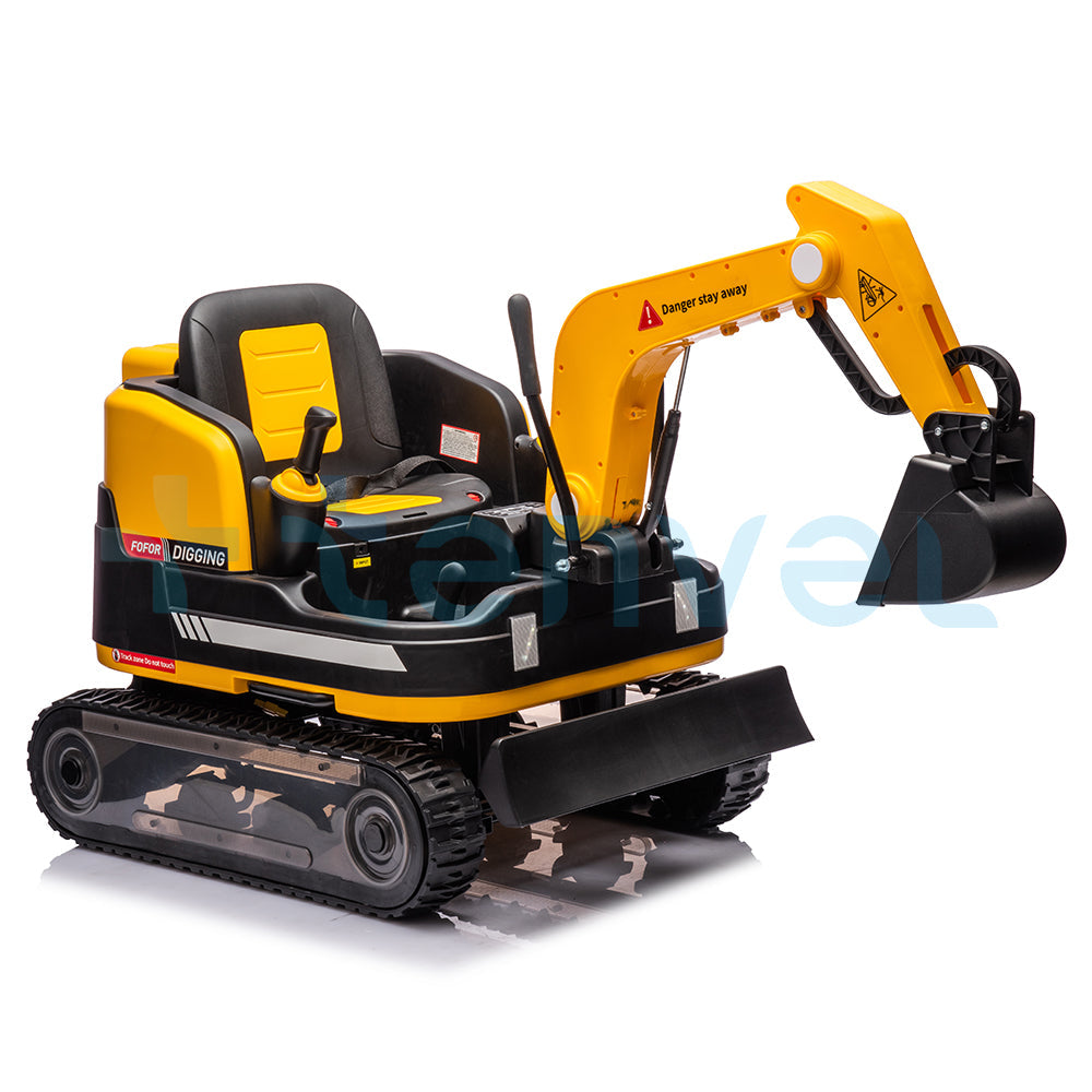 Yellow 24V kids ride-on excavator digger with manual arm, dual motors, and black seat on white background