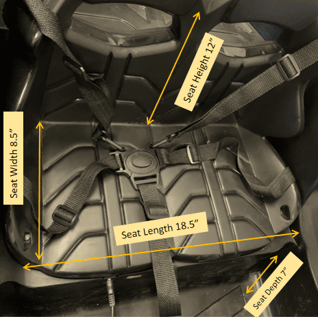 Close-up of the adjustable 3-point harness and seat dimensions in the 12V 4WD kids monster truck buggy.