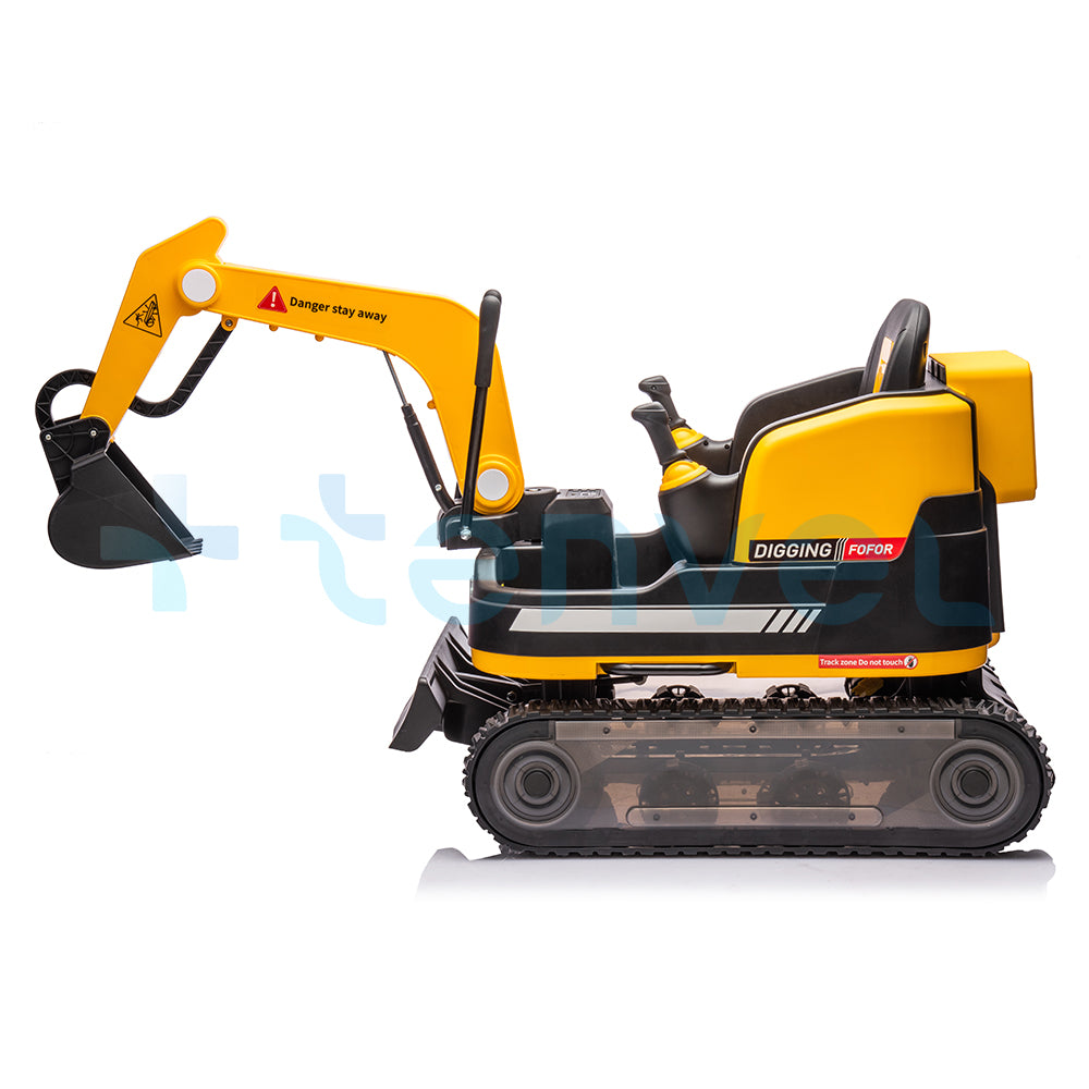 Yellow 24V kids ride-on excavator digger with manual arm, dual motors, seat, and safety belt side view