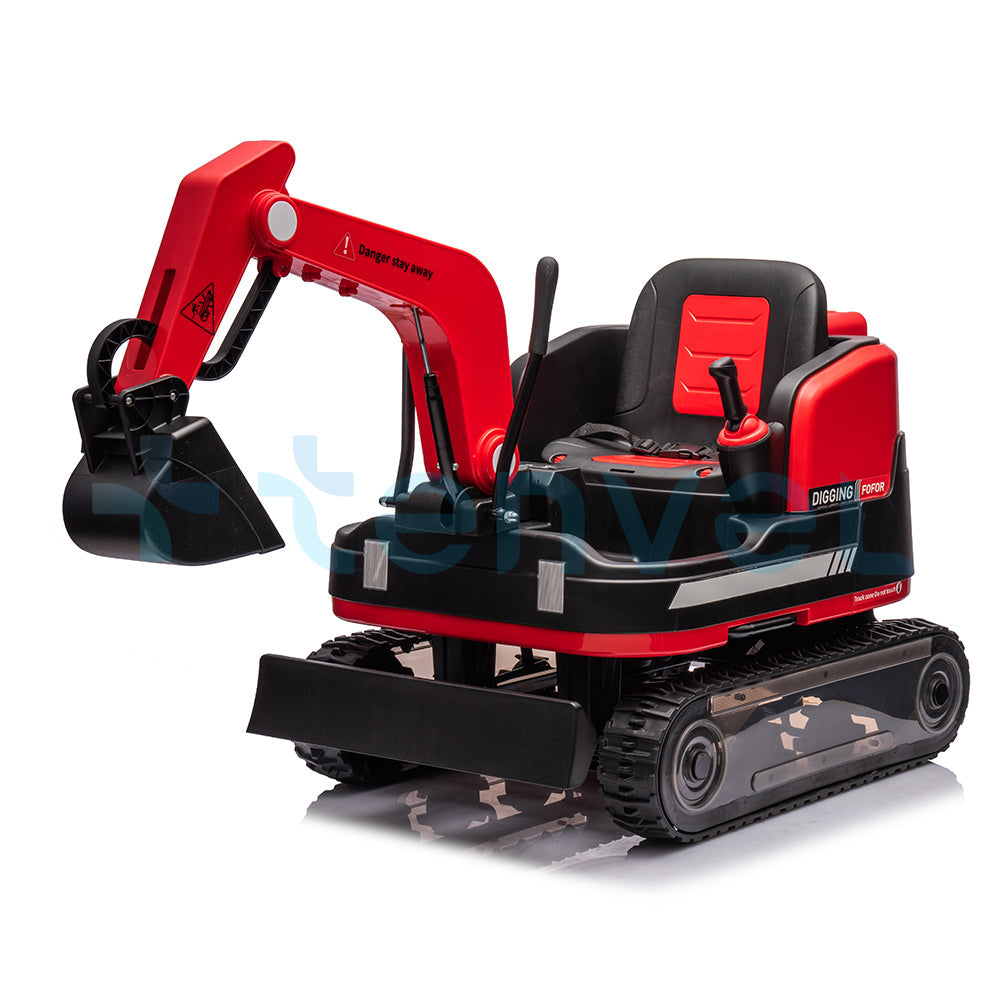 Red 24V kids ride-on excavator digger with manual arm, safety seat, and durable tracks for outdoor play