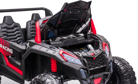 Close-up of black and red Stinger Buggy XL kids ride-on car with open hood, two seats, and off-road tires.