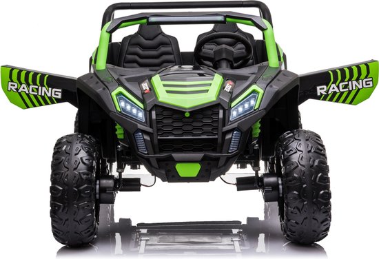 Front view of green Stinger Buggy XL 24V 4x4 two-seater kids ride-on car with large EVA wheels and racing decals