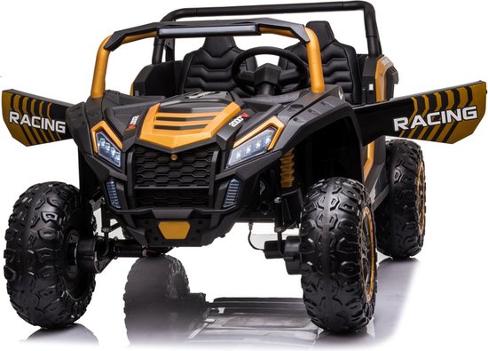 Stinger Buggy XL 24V 4x4 two-seater kids ride-on car in black and gold with rugged tires and racing doors open.