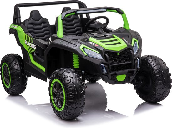 Green and black two-seater Stinger Buggy XL 24V 4x4 kids ride-on car with large EVA off-road wheels and racing design.
