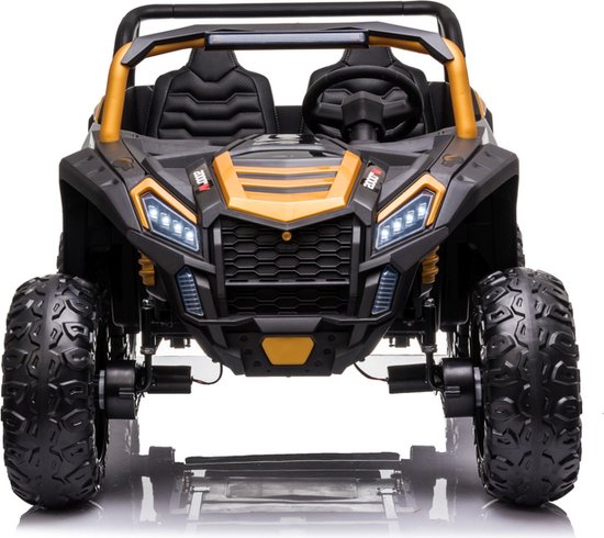 Front view of Stinger Buggy XL 24V 4x4 two-seater kids ride-on car in black and gold with rugged tires and LED headlights.