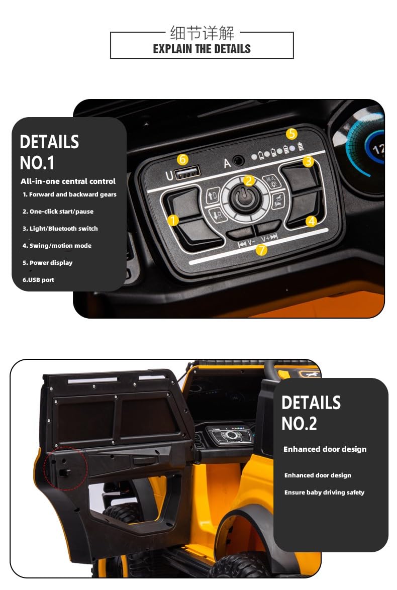 Close-up of Ride-On Jeep Beyond 12V control panel and enhanced safety door design in yellow kids UTV.