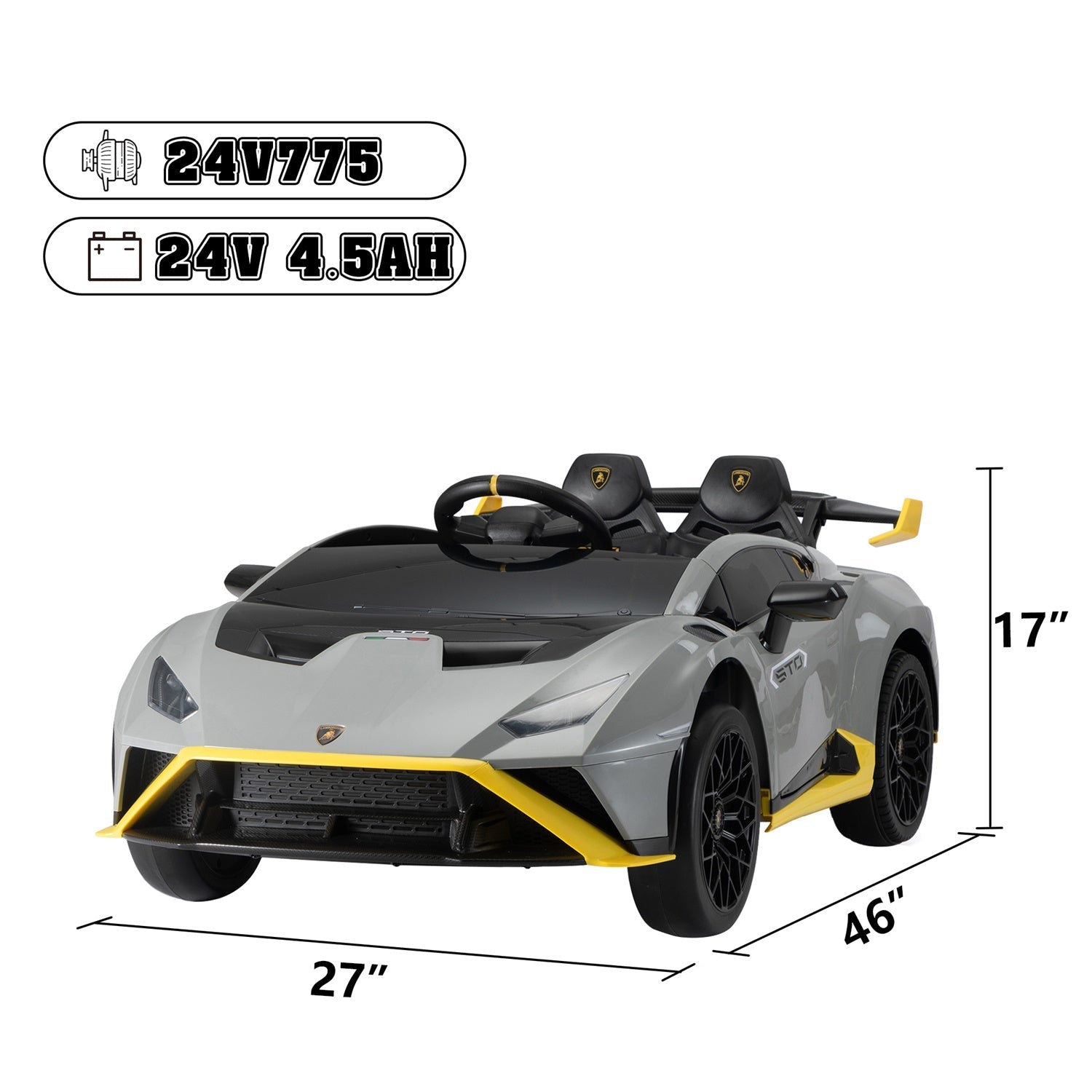 Licensed Lamborghini Huracán STO 24V kids electric drift car in grey with yellow accents and dual seats shown with dimensions