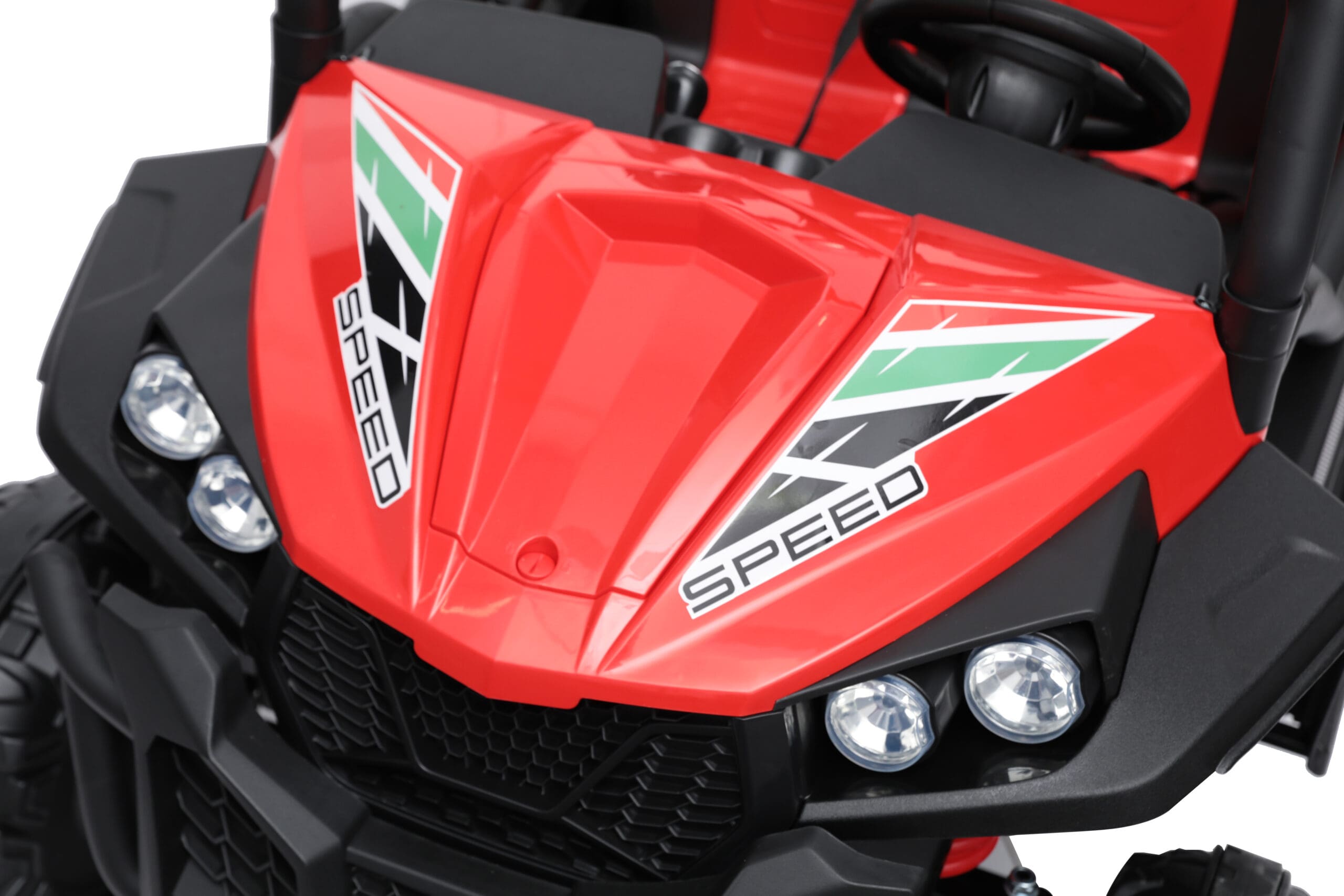 Close-up of the red 24V kids ride-on buggy front hood with speed decals and LED headlights visible