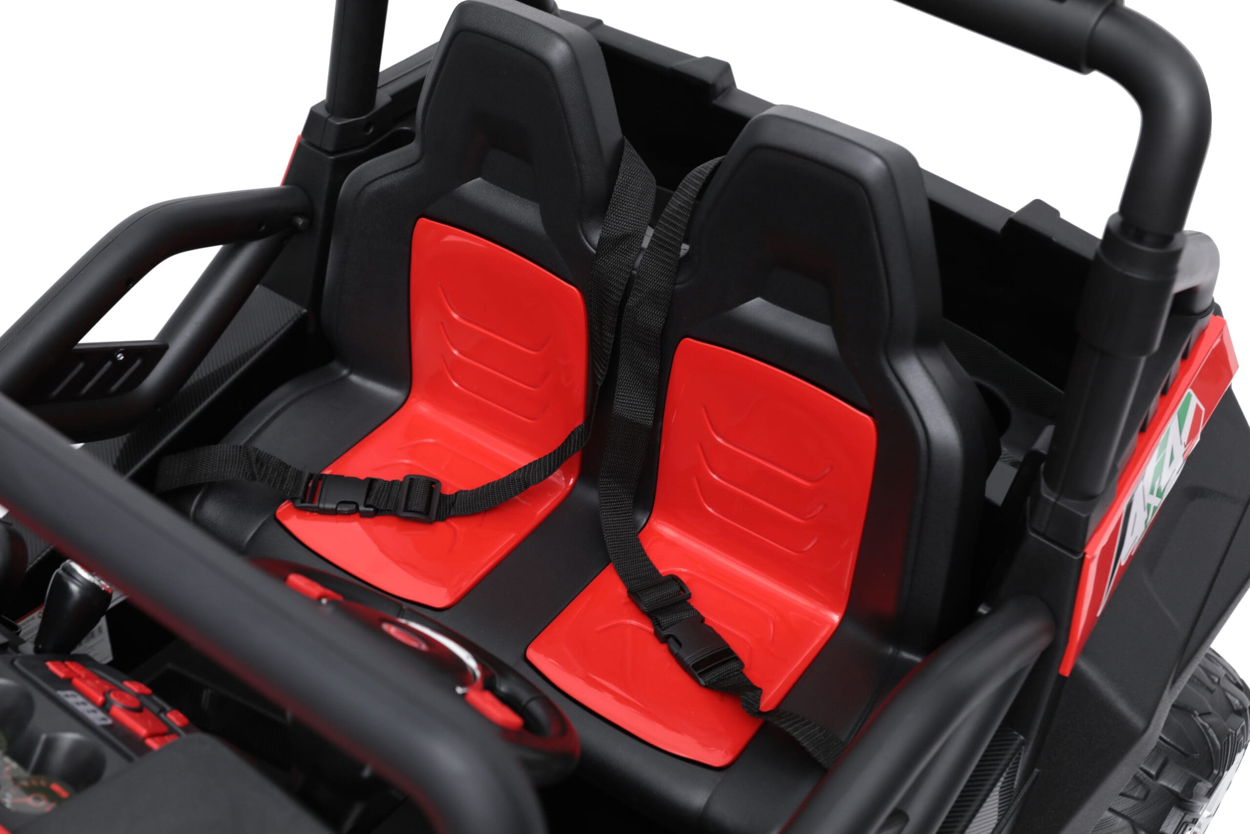 Dual red and black seats with seatbelts in a 24V kids ride-on electric buggy for two children.