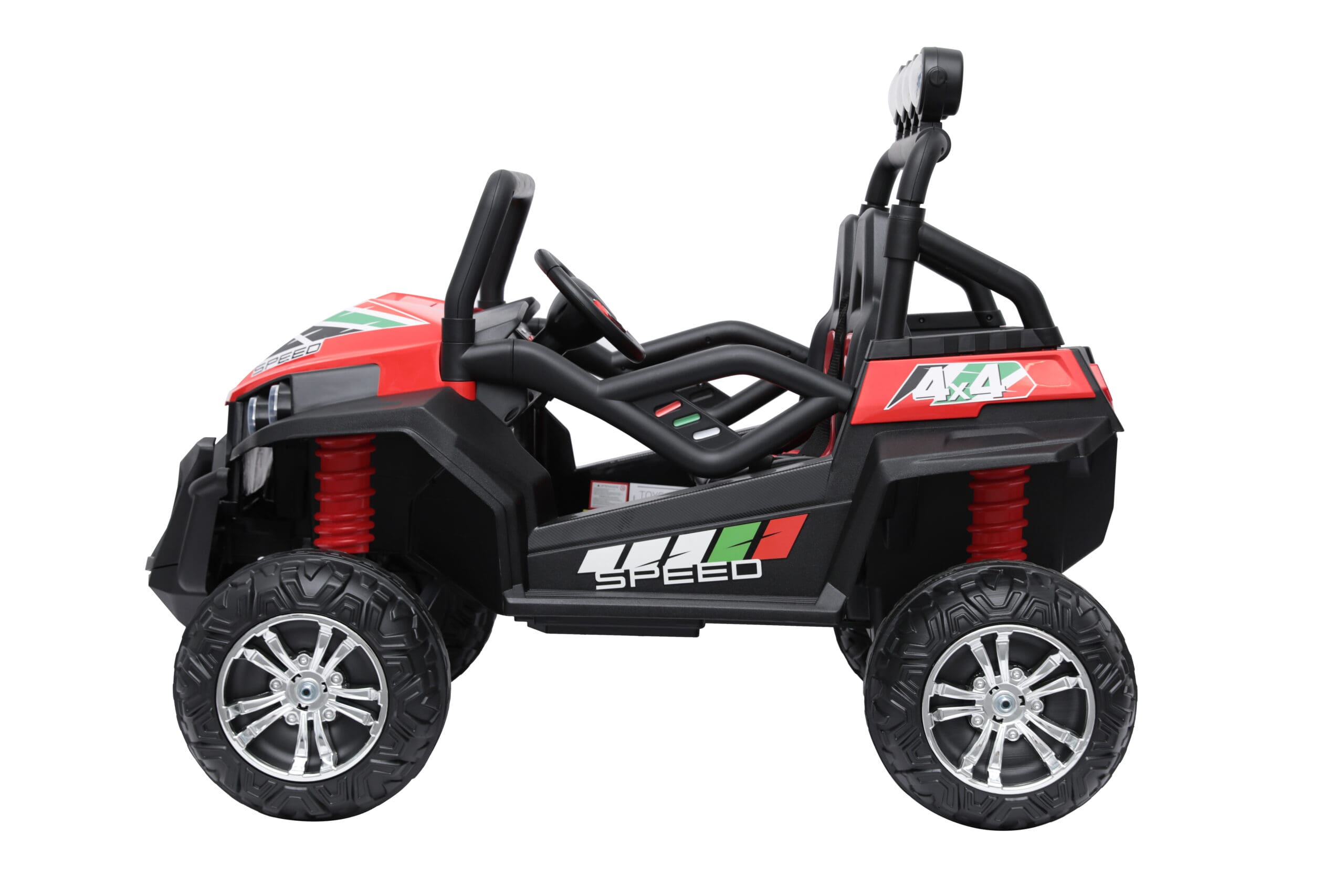 Red 24V kids ride-on buggy with dual seats, 4WD, EVA wheels, working doors, and realistic LED headlights.
