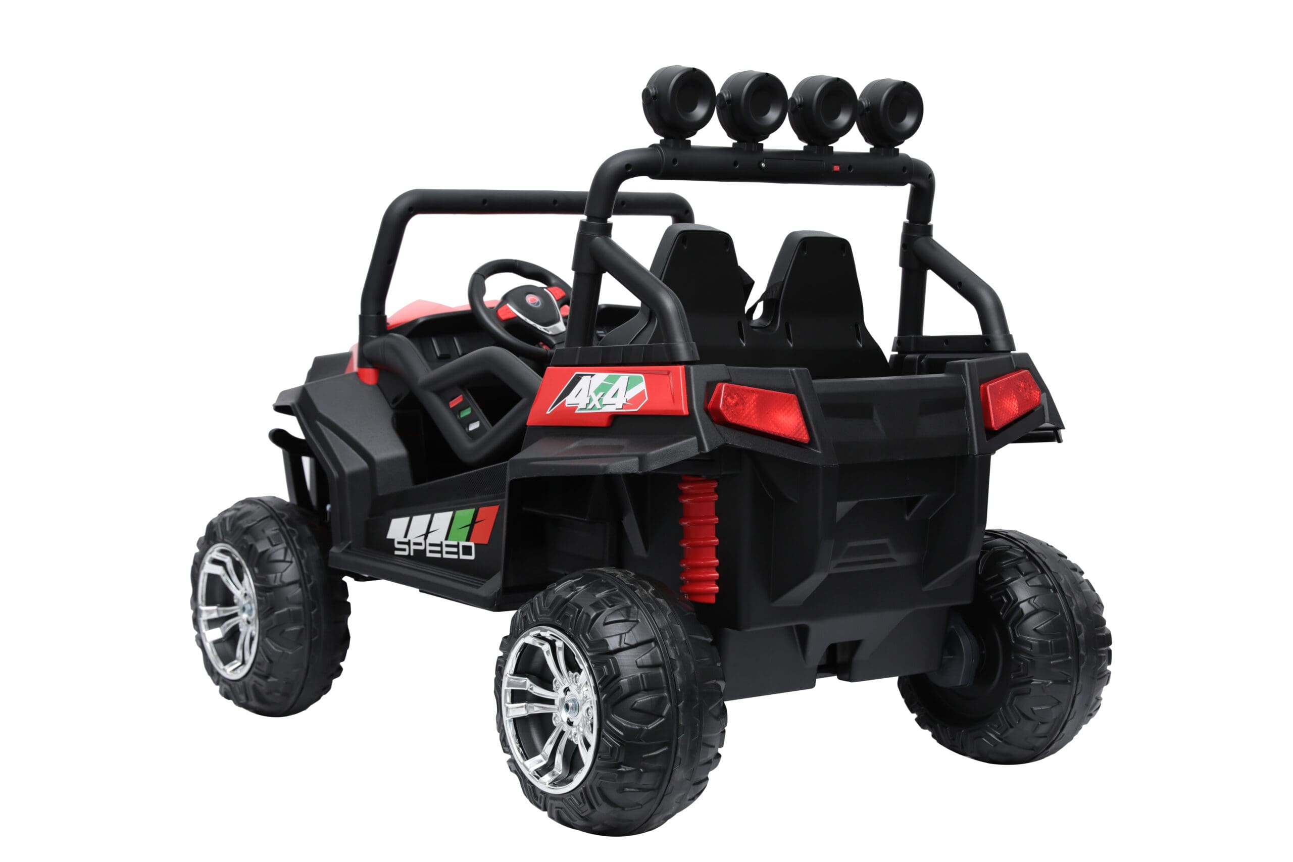 Red 24V kids ride-on buggy with dual seats, 4WD, EVA wheels, LED lights, and off-road suspension system.