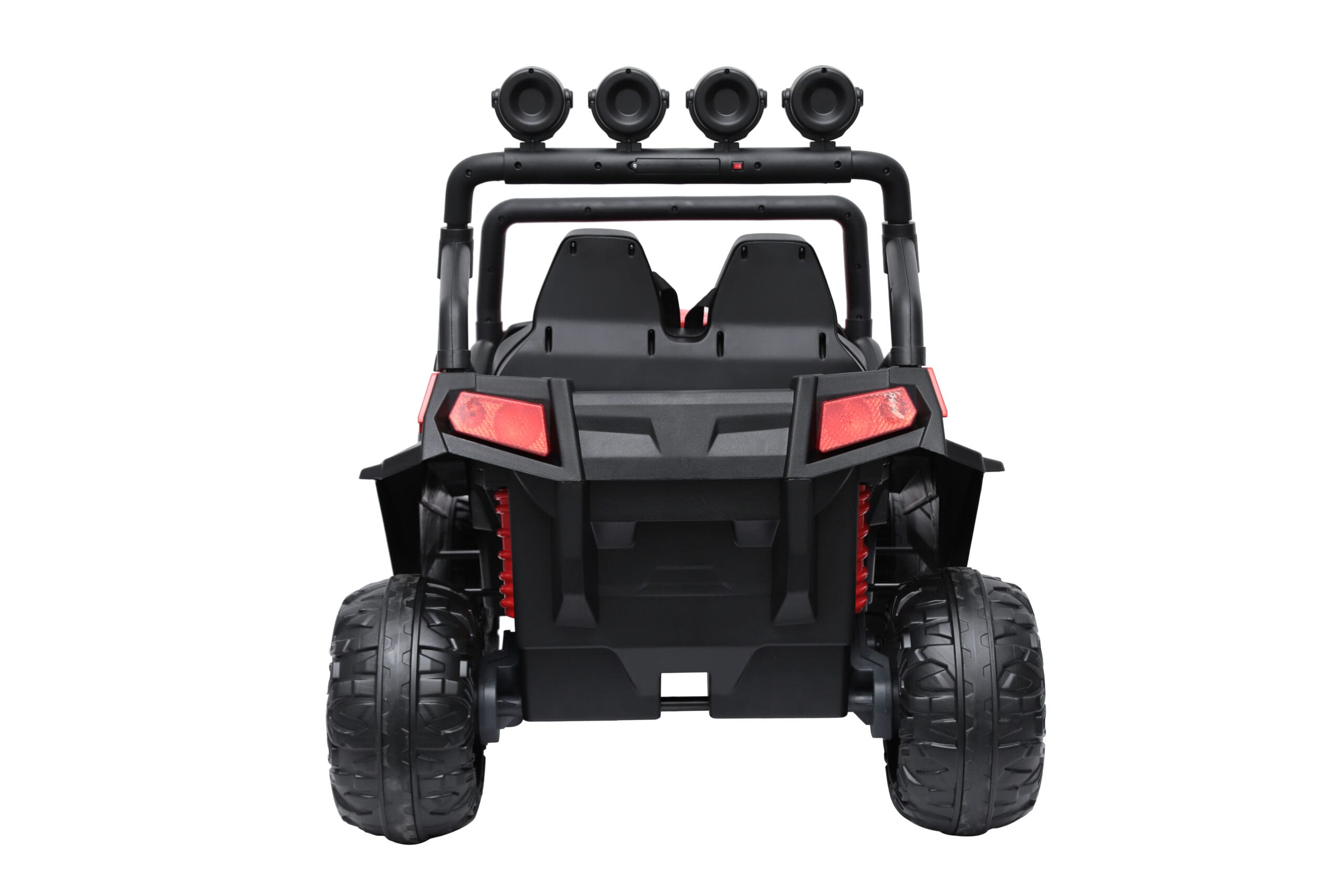 Rear view of red 24V kids ride-on buggy with dual seats, four wheels, and off-road design for children ages 3 to 8.
