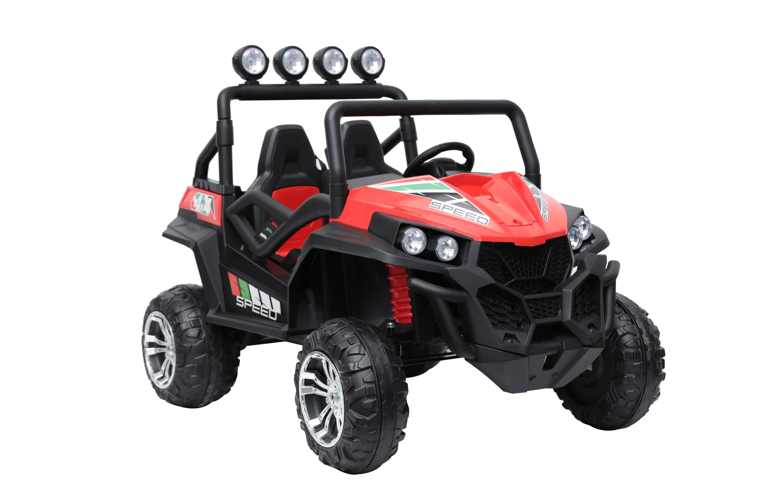 Red 24V kids ride-on buggy with dual seats, 4WD, black frame, large EVA tires, and front LED lights.