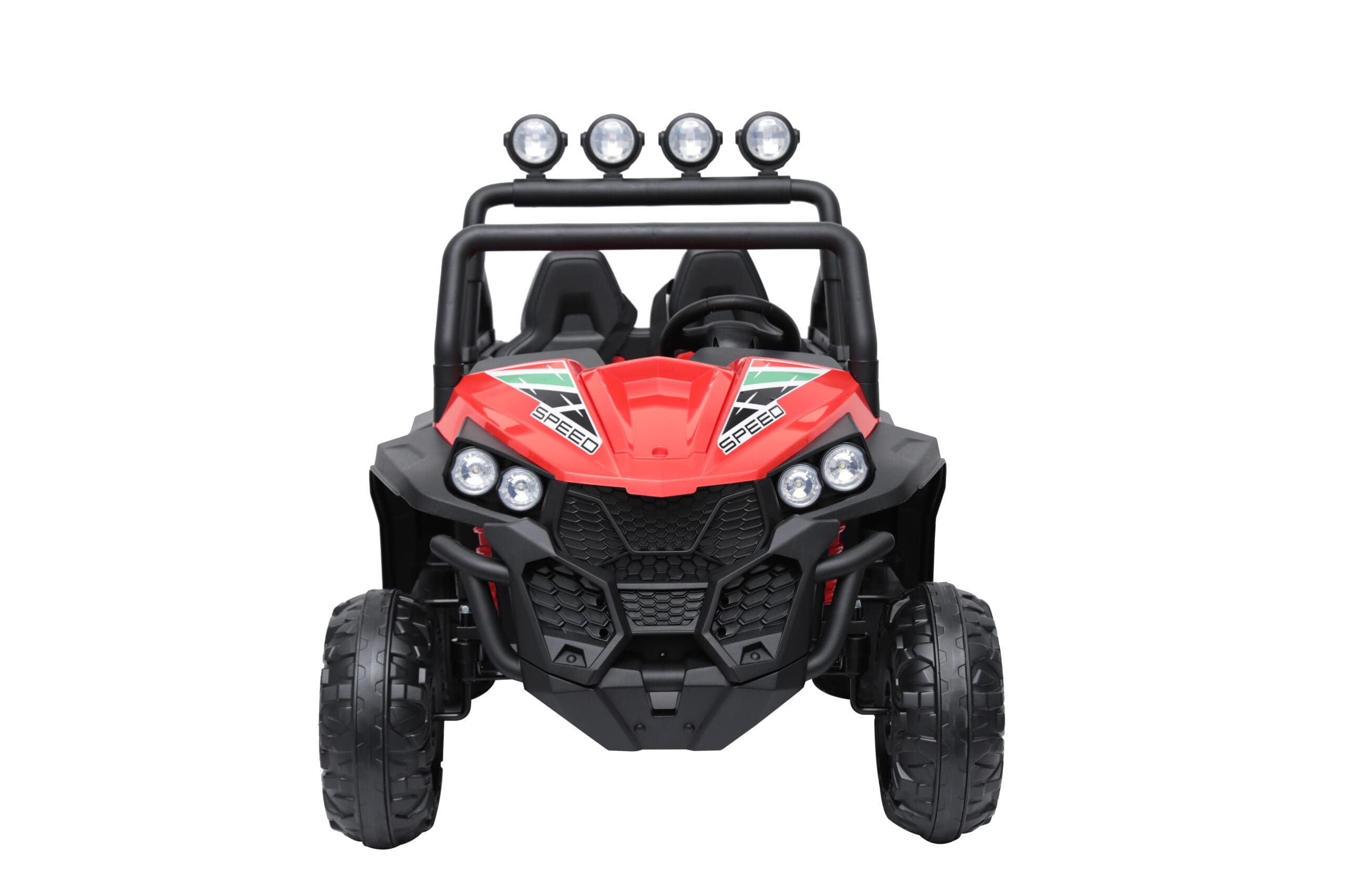 Red 24V kids ride-on buggy with dual seats, LED lights, large EVA wheels, and 4WD off-road capability for ages 3 to 8.