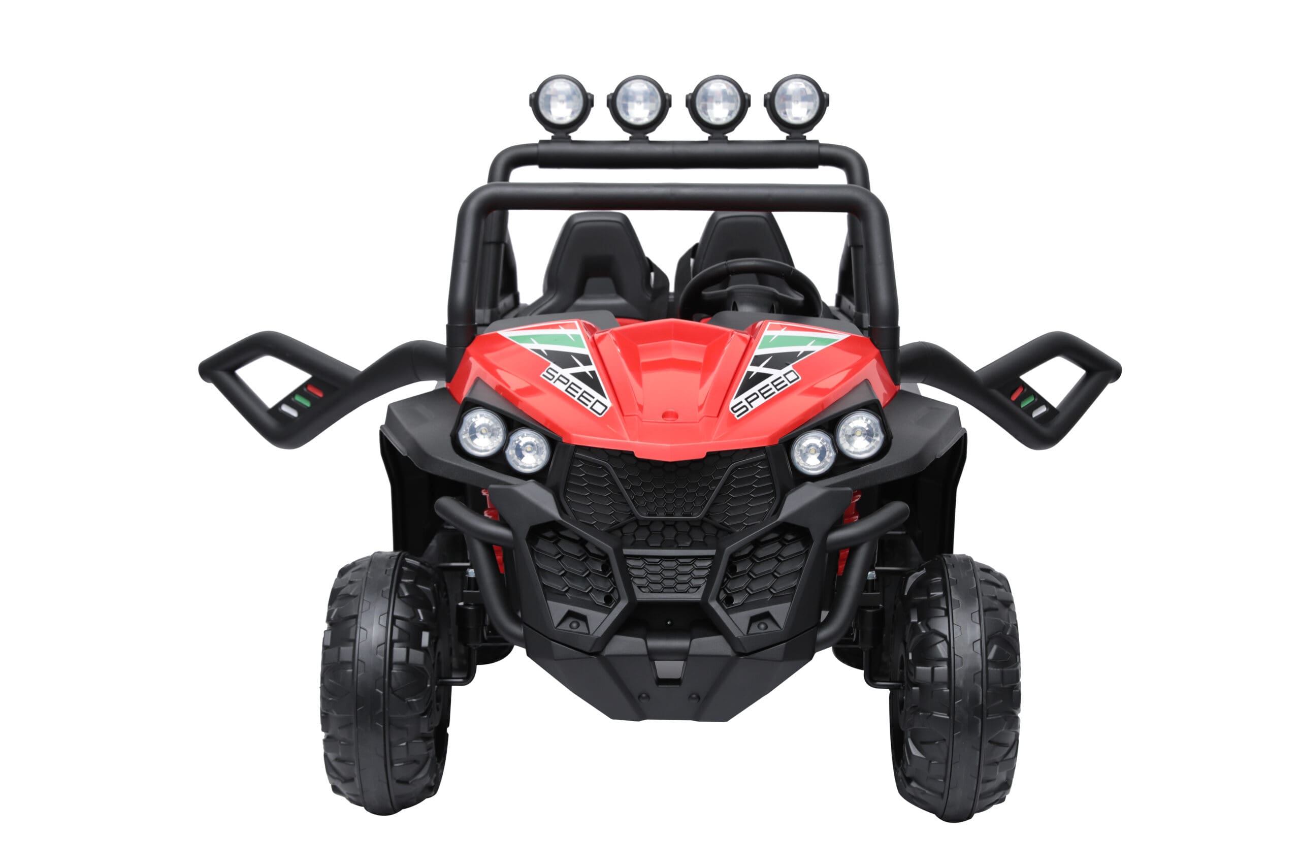 Front view of red 24V kids ride-on buggy with dual seats, 4WD, LED lights, and large EVA wheels on white background