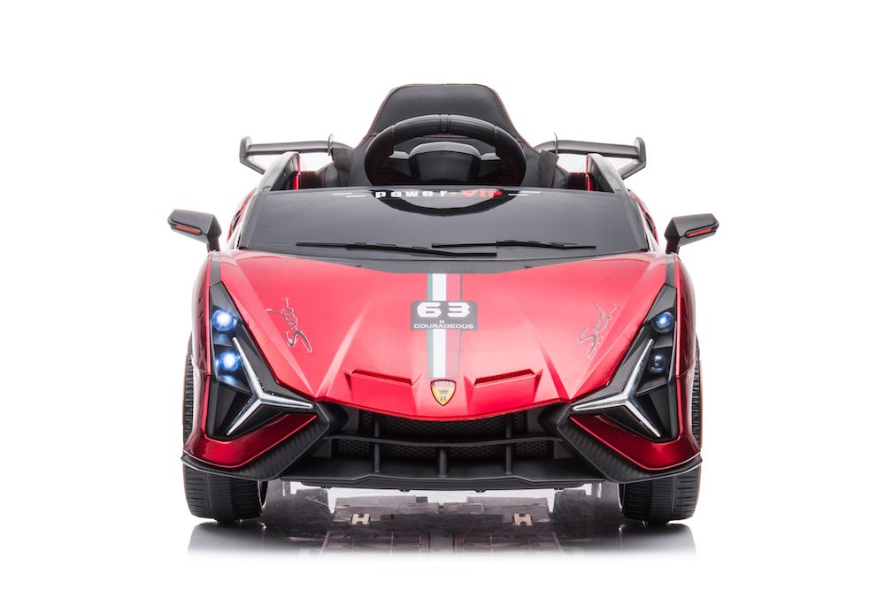 Red Lamborghini-inspired 12V kids ride-on car with single seat, realistic design, and LED headlights.