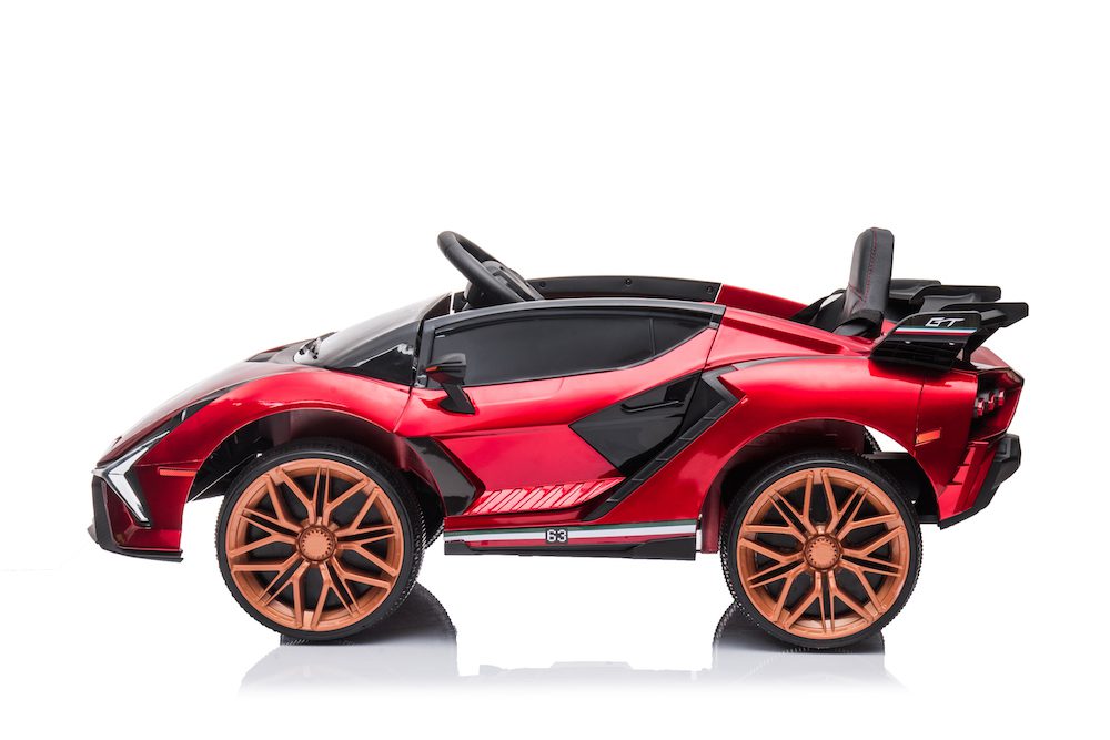12V red Lamborghini-inspired kids ride-on car with single seat, rechargeable battery, and remote control for ages 3 and up.