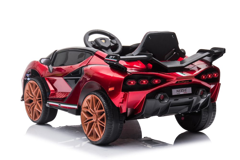 Red 12V Lamborghini-inspired kids ride-on car with single seat, remote control, and sporty design for ages 3 and up.