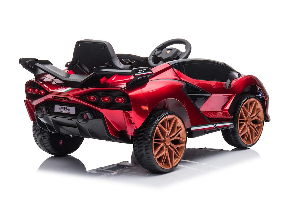 Red Lamborghini-inspired 12V kids ride-on car with single seat, remote control, and durable plastic tires.