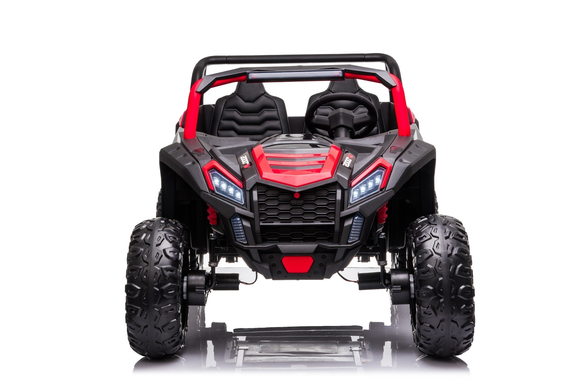 Front view of the red and black Stinger Buggy XL 24V 4x4 kids ride-on car with large off-road tires and dual seats