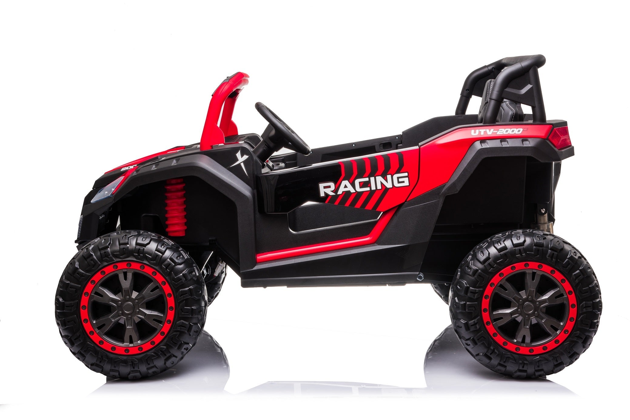 Side view of red and black Stinger Buggy XL 24V 4x4 kids ride-on car with large off-road tires and dual seats