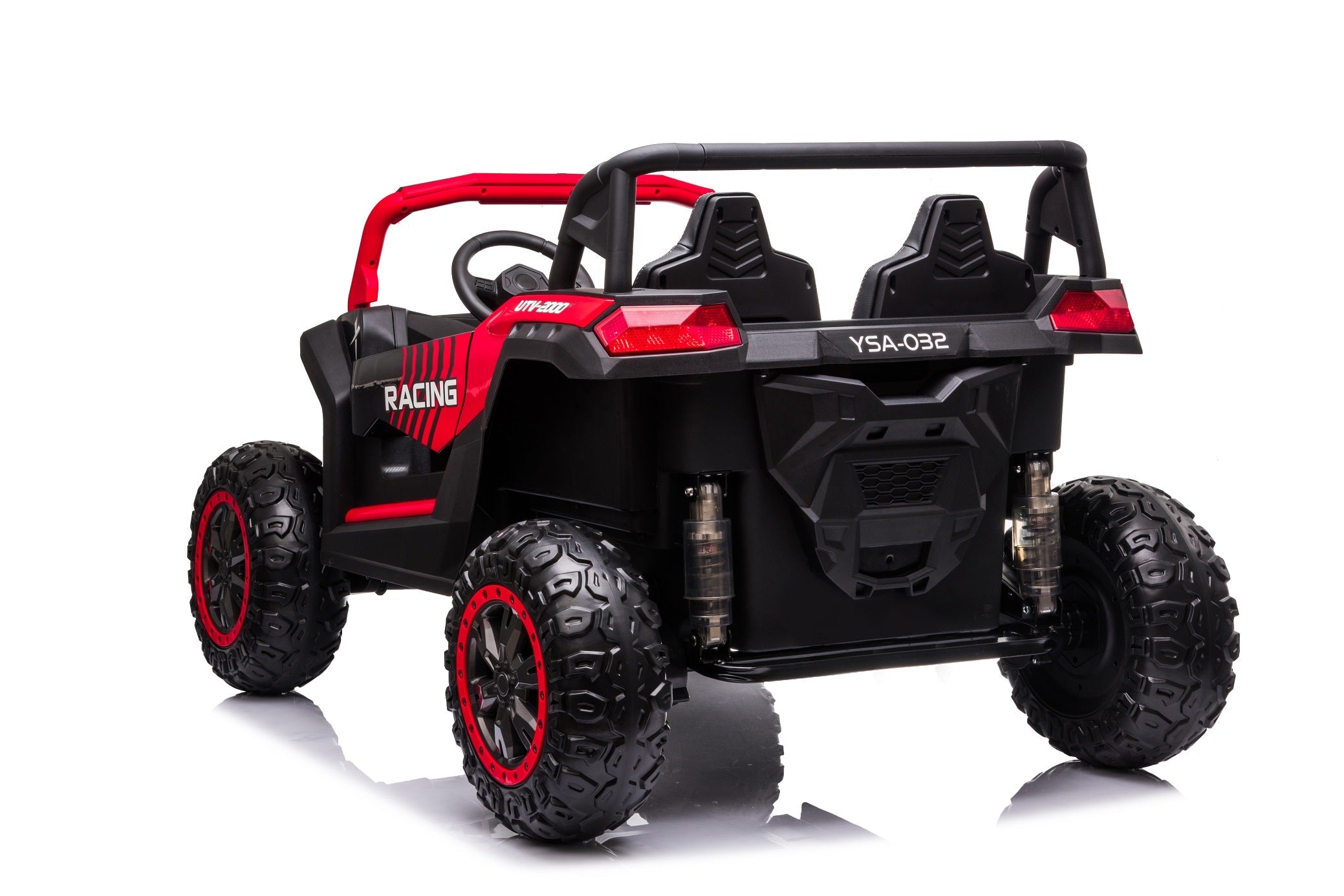 Rear and side view of a black and red Stinger Buggy XL 24V 4x4 kids ride-on car with off-road tires and two seats