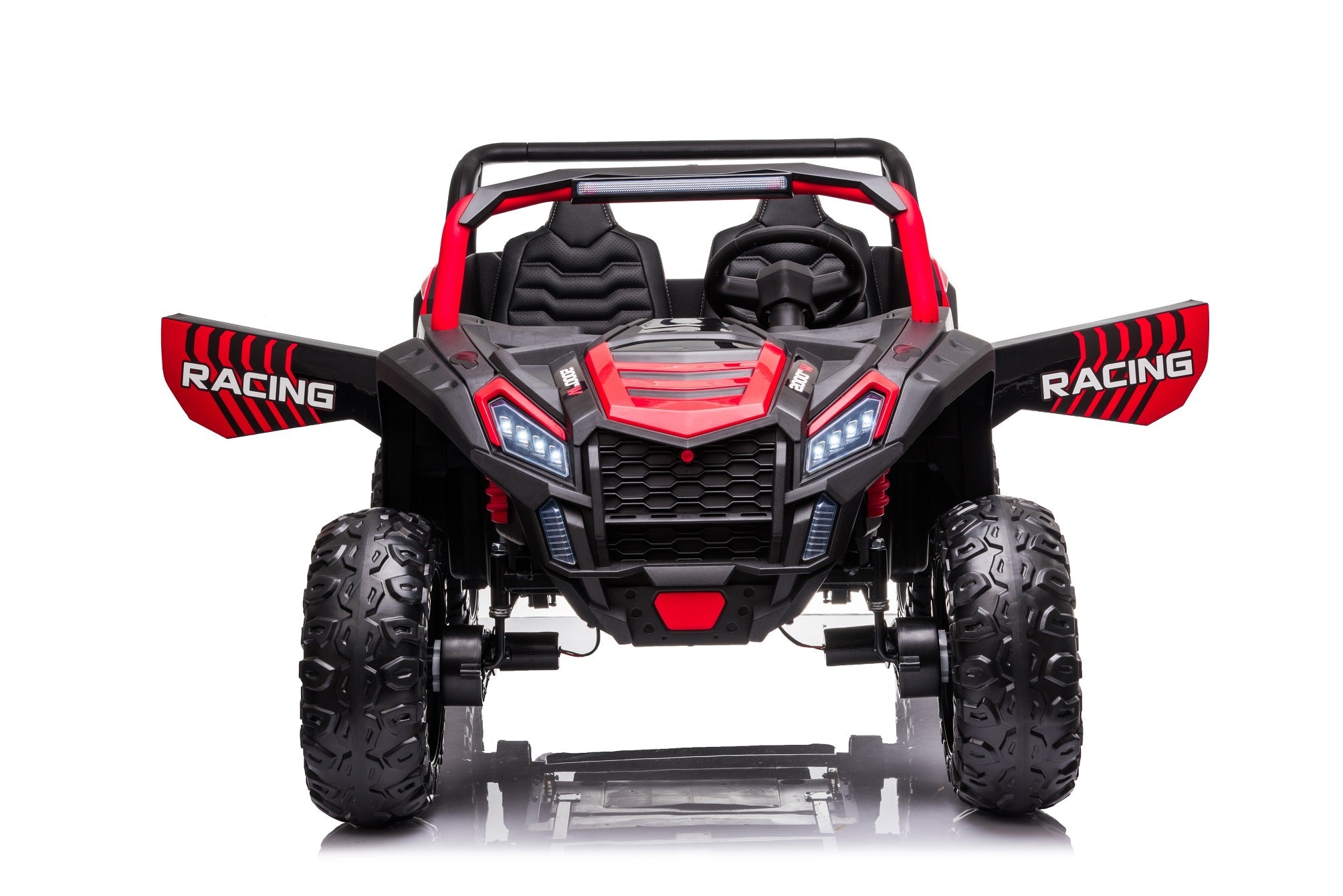 Front view of a red and black Stinger Buggy XL 24V 4x4 kids ride-on car with racing decals and dual seats.
