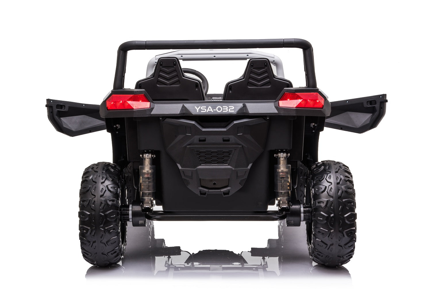 Rear view of green Stinger Buggy XL 24V 4x4 kids ride-on car with open doors and dual seats visible