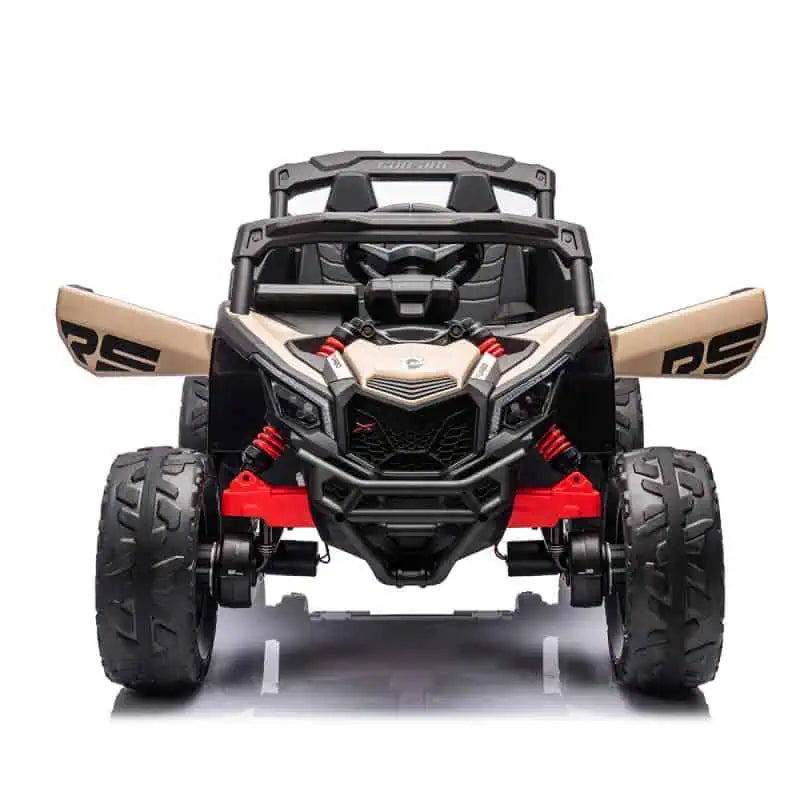 Front view of black Licensed Can-Am Maverick 24V Kids Ride-On UTV car with open doors and rugged tires