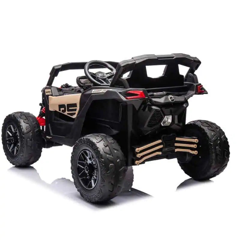 Black Licensed Can-Am Maverick 24V kids ride-on UTV car with 4WD, EVA tires, and remote control for ages 3 to 8.