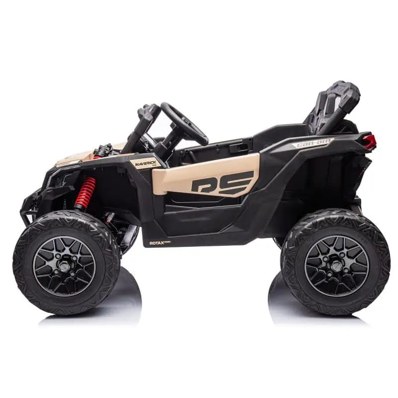 Black Licensed Can-Am Maverick 24V kids ride-on UTV car with four large wheels and single seat in beige and black colors