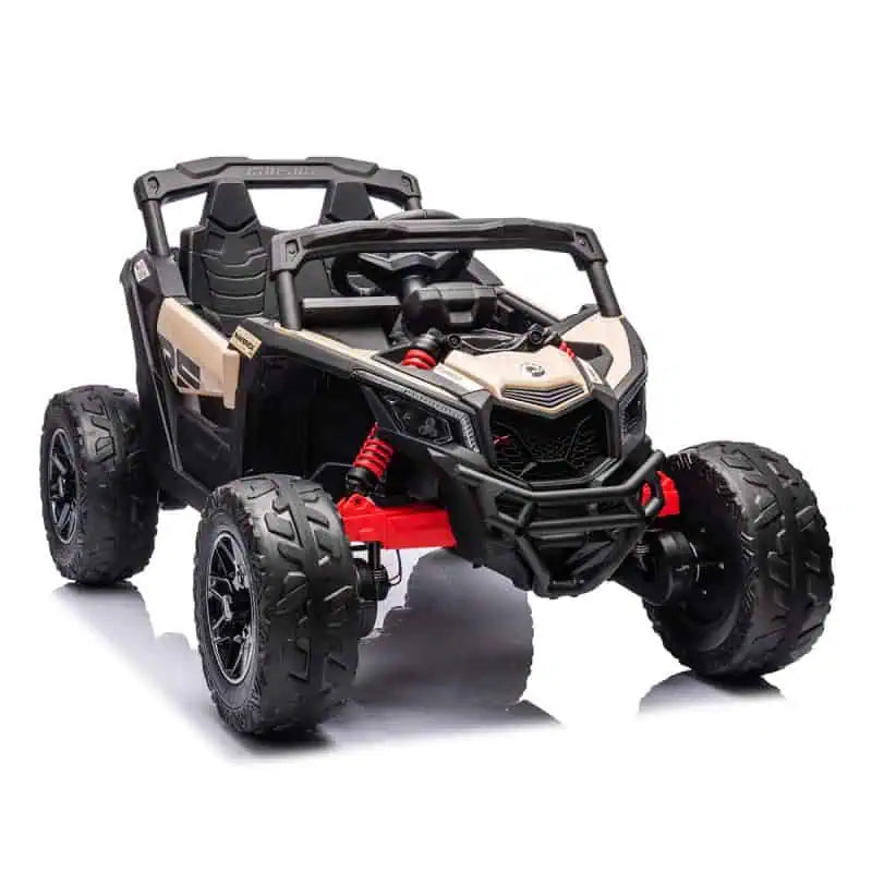 Black Licensed Can-Am Maverick 24V Kids Ride-On UTV with 4WD, EVA tires, and realistic off-road design, single seater for ages 3-8.