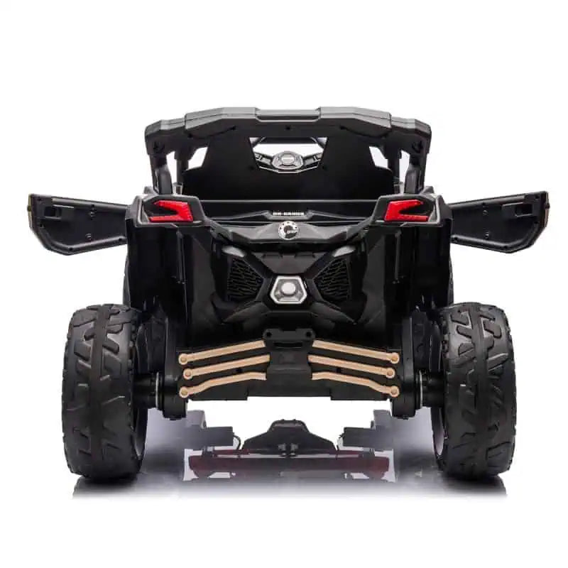 Rear view of black Licensed Can-Am Maverick 24V kids ride-on UTV with open doors and rugged off-road tires.