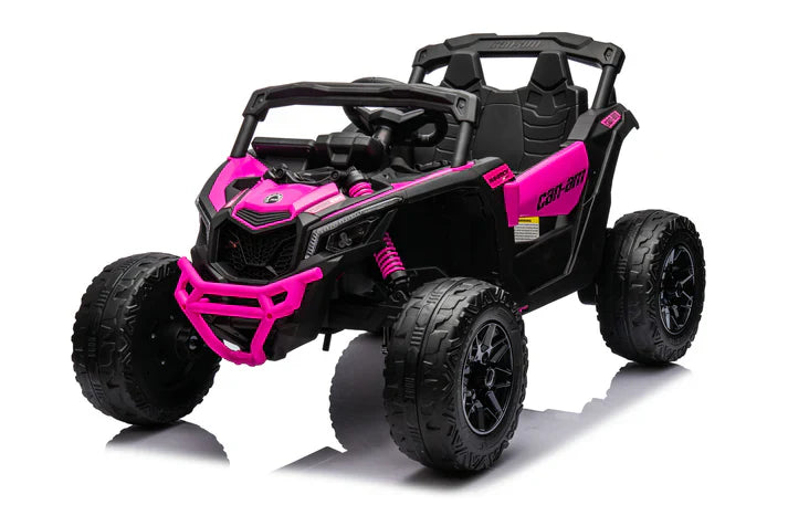Pink Licensed Can-Am Maverick 24V kids ride-on UTV with 4WD, large wheels, and detailed exterior design.