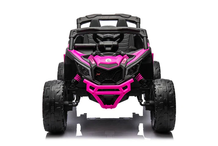 Front view of the Licensed Can-Am Maverick 24V Pink Kids Ride-On UTV with large EVA rubber tires and black seat